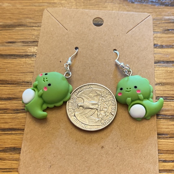 Cute green dinosaur earrings with sterling silver wires and random gift bag - Picture 6 of 7